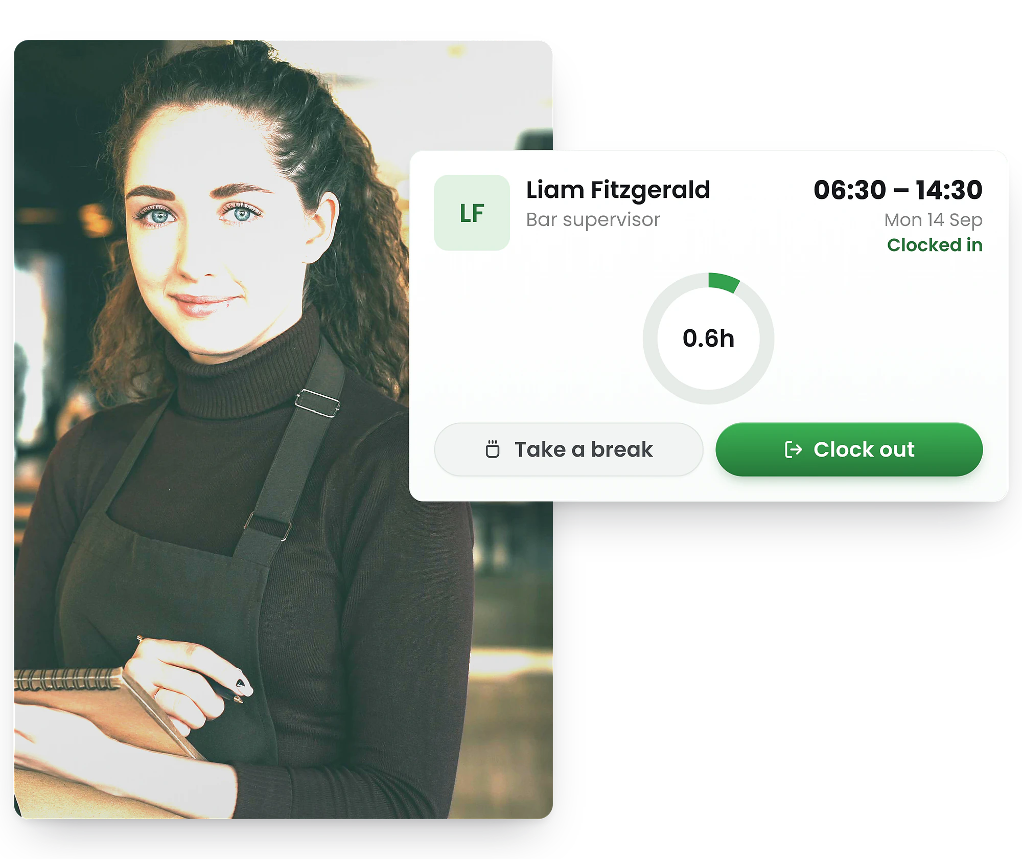 RosterElf kiosk shift card showing a clocked-in staff member with hours worked, Take a break and Clock out, beside a cafe worker holding a notepad
