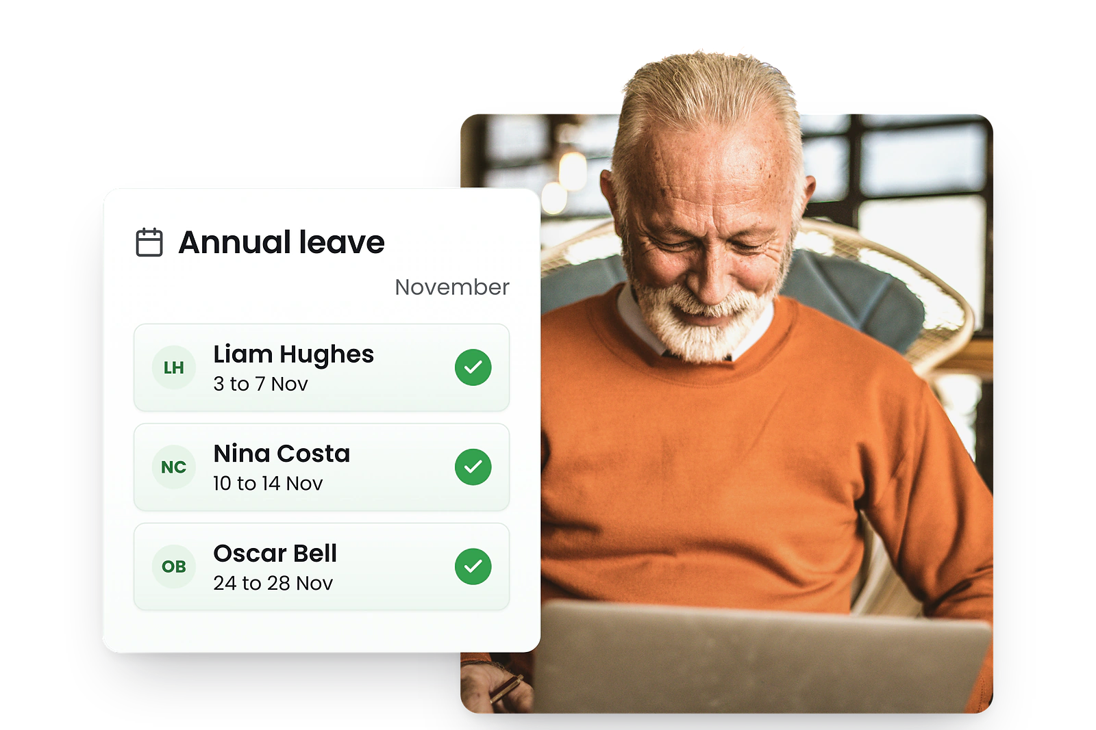 A smiling older man in an orange jumper at his laptop beside a RosterElf card listing three staff on annual leave in November
