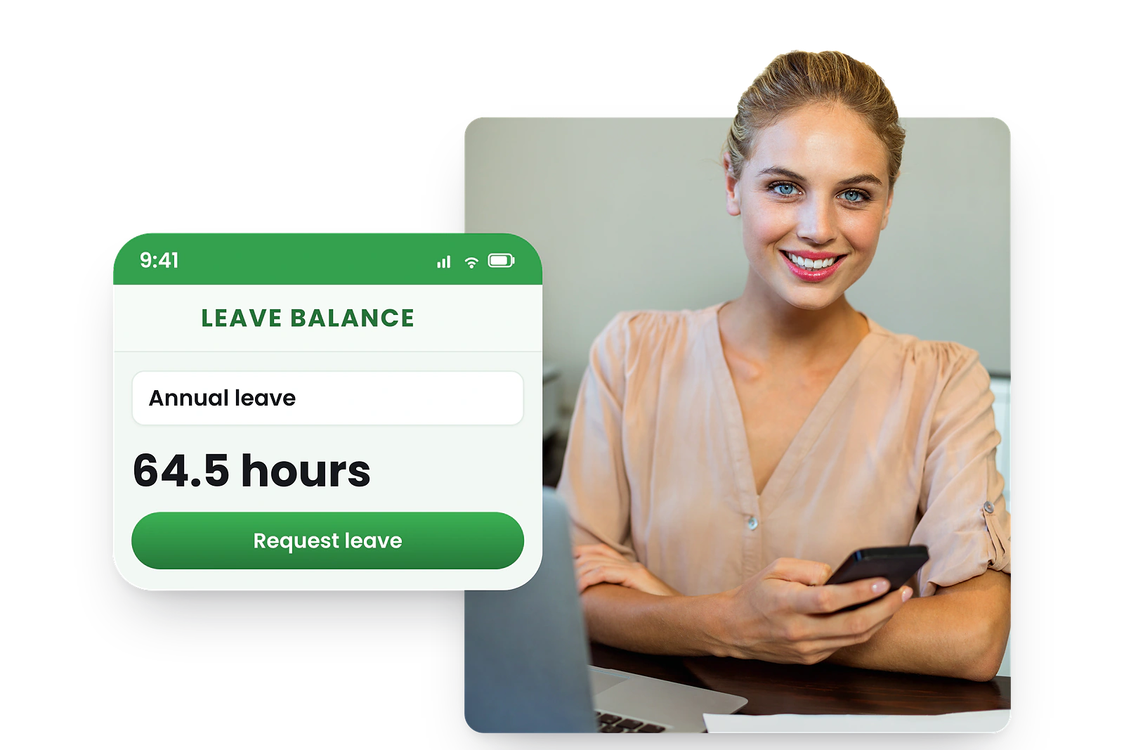 A smiling office worker at her desk with her phone beside the RosterElf app: leave balance, annual leave 64.5 hours, and Request leave