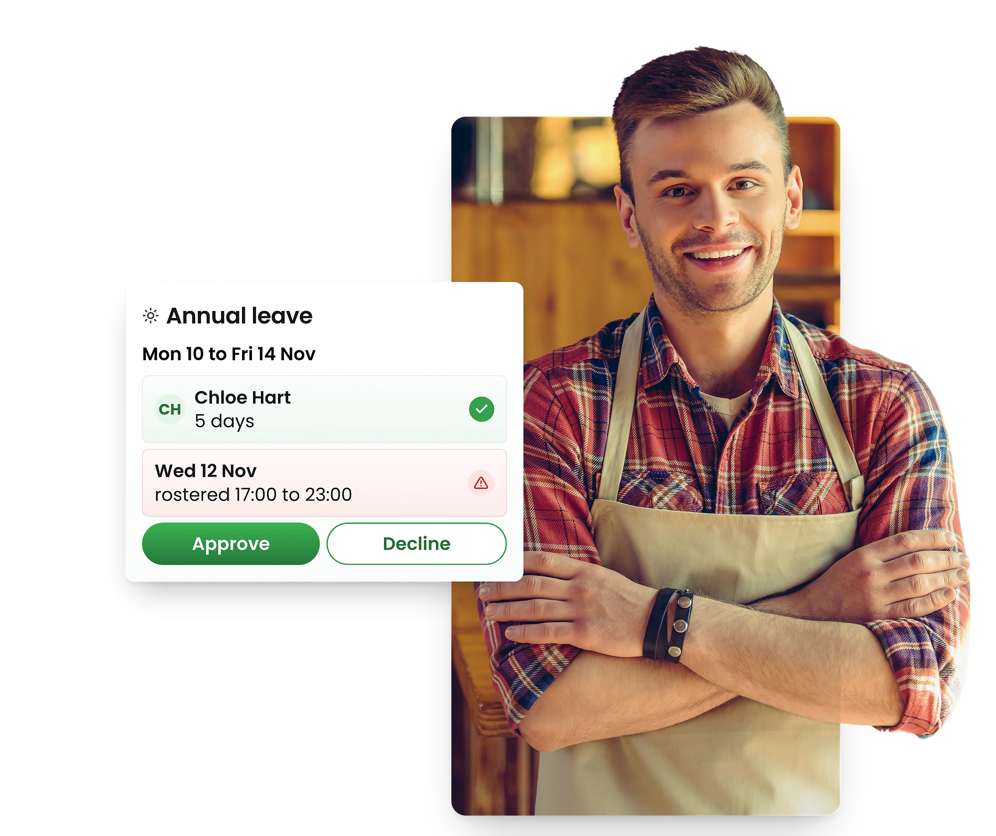 A smiling bar manager in an apron, arms folded, beside a RosterElf leave request card: annual leave, Monday 10 to Friday 14 November, a clash warning on one shift, and Approve