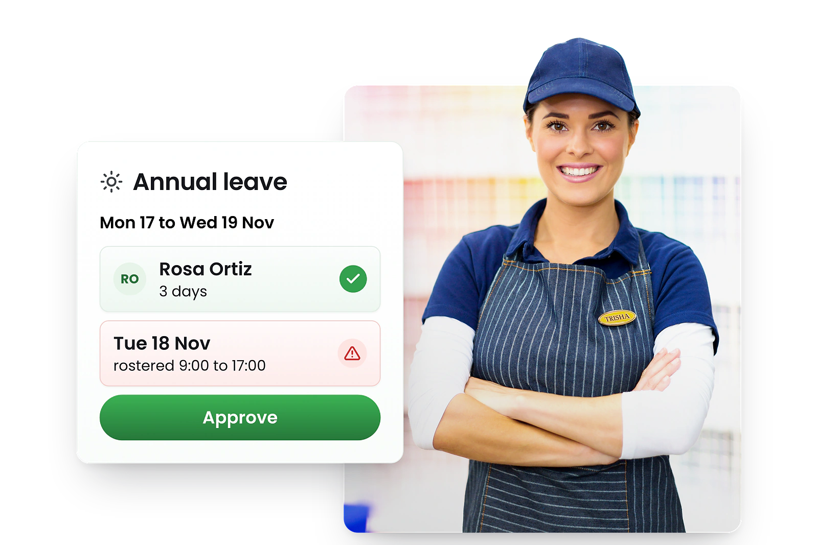 A smiling retail worker in a cap beside a RosterElf annual leave request: Rosa Ortiz, Monday 17 to Wednesday 19 November, with a roster clash on Tuesday 18 November and an Approve button