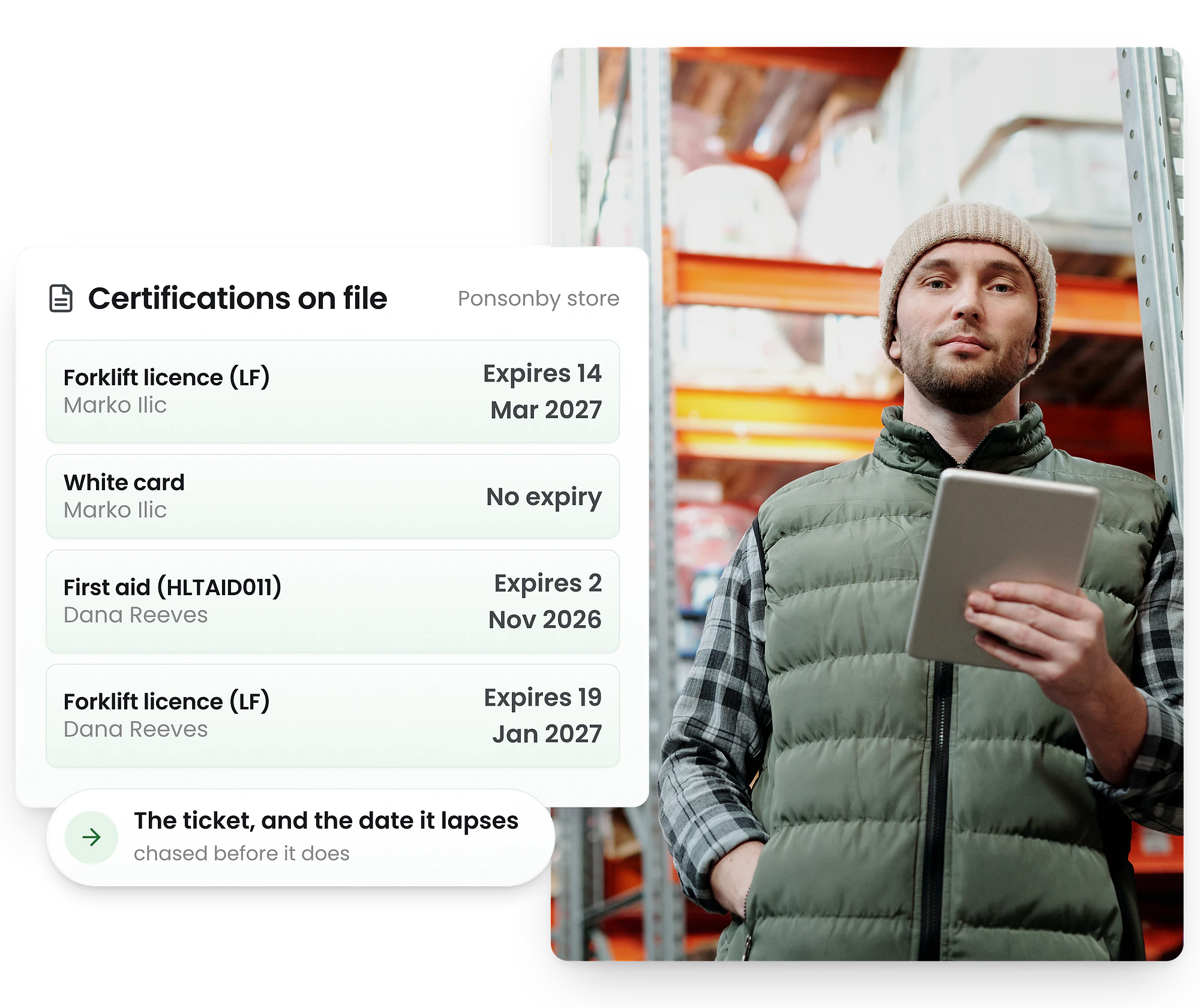 RosterElf certification tracker showing staff qualifications and expiry dates