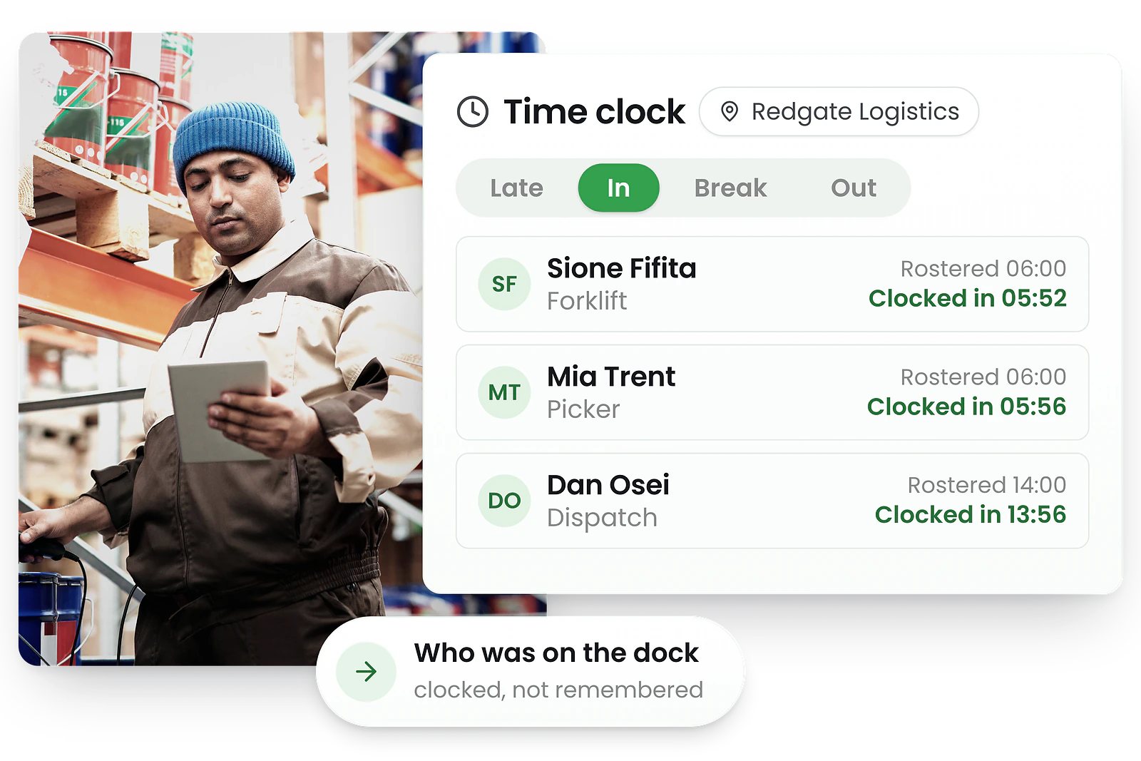 Logistics staff clocking in on a mobile device
