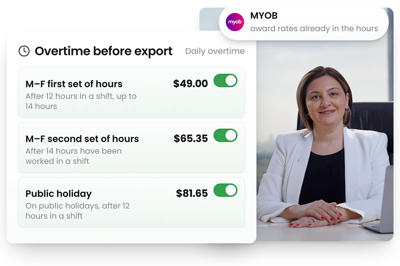 RosterElf timesheet export showing approved hours and estimated cost for MYOB