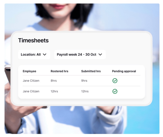 RosterElf timesheets showing rostered hours, submitted hours and pending approval