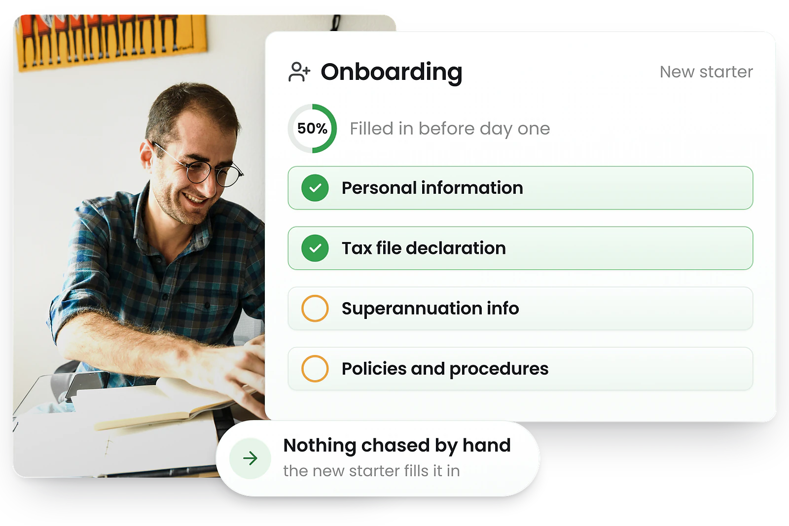 RosterElf onboarding checklist for a new starter, 50% filled in before day one — personal information and tax file declaration are ticked, while superannuation info and policies and procedures are still outstanding