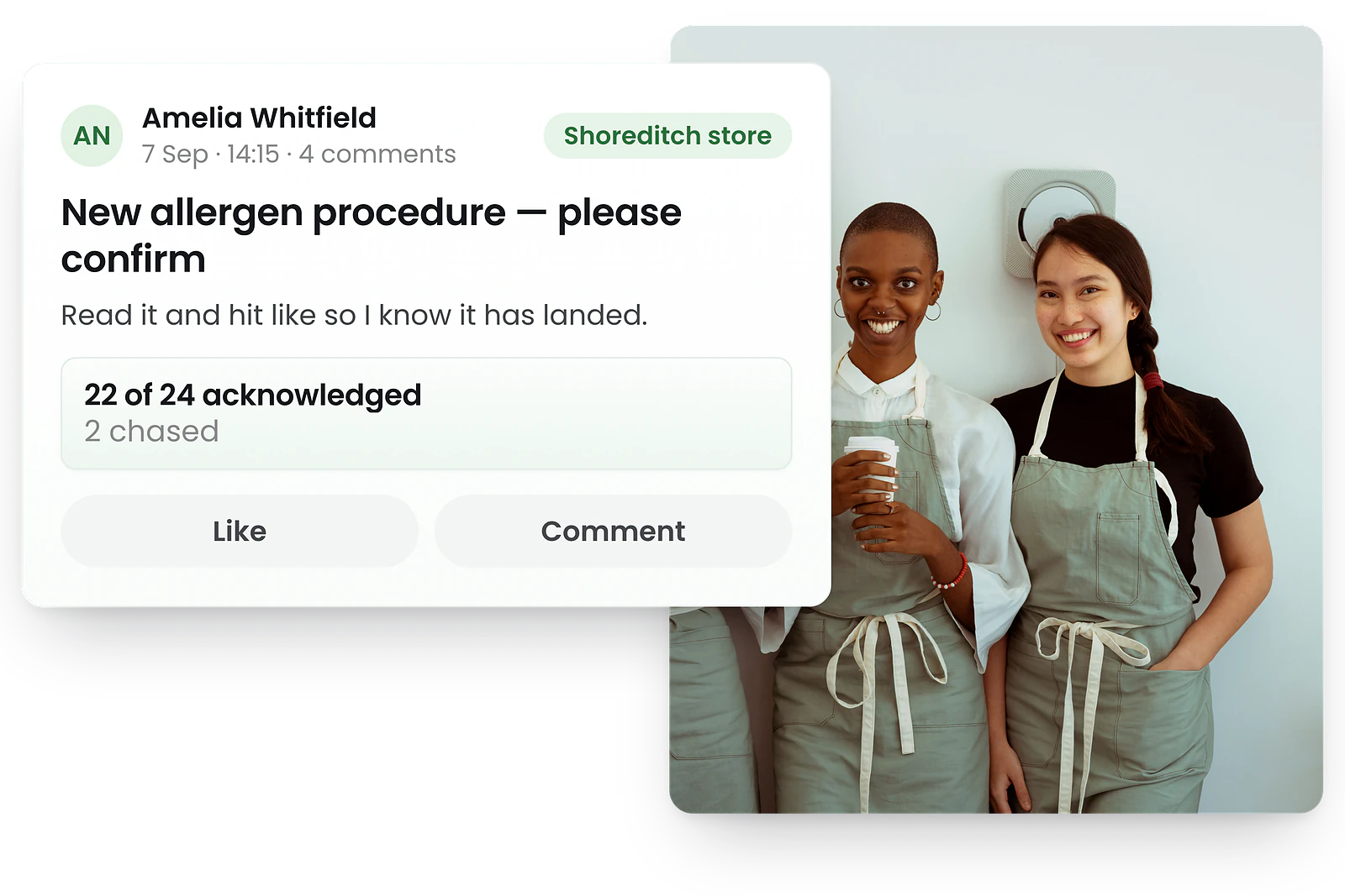 RosterElf acknowledgement tracking showing UK staff confirming they have read a workplace policy update