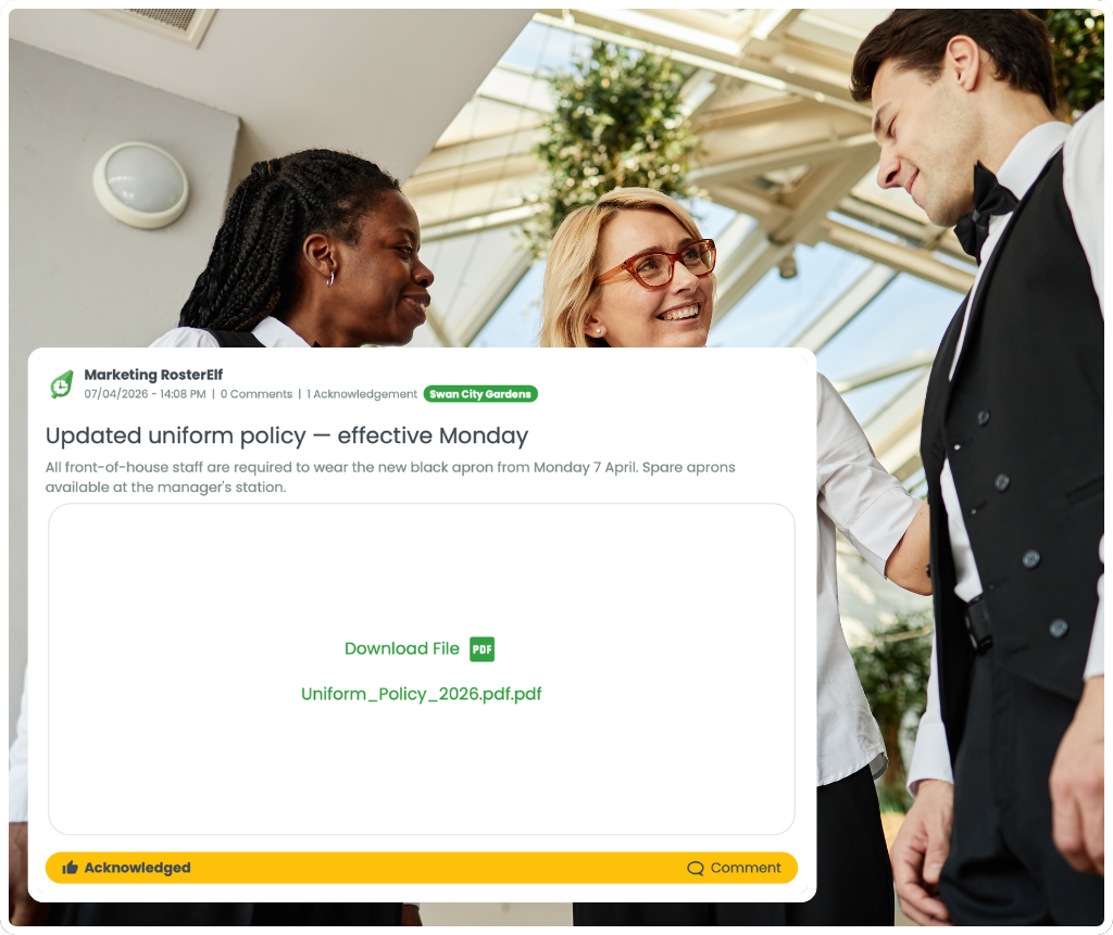RosterElf newsfeed acknowledgement tracking showing staff confirming they have read a uniform policy update