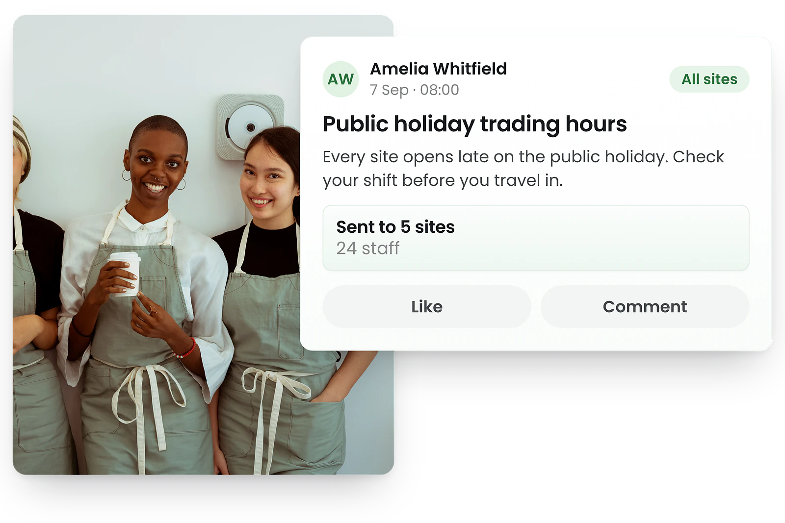 RosterElf employee newsfeed displaying a company-wide announcement broadcast to UK staff
