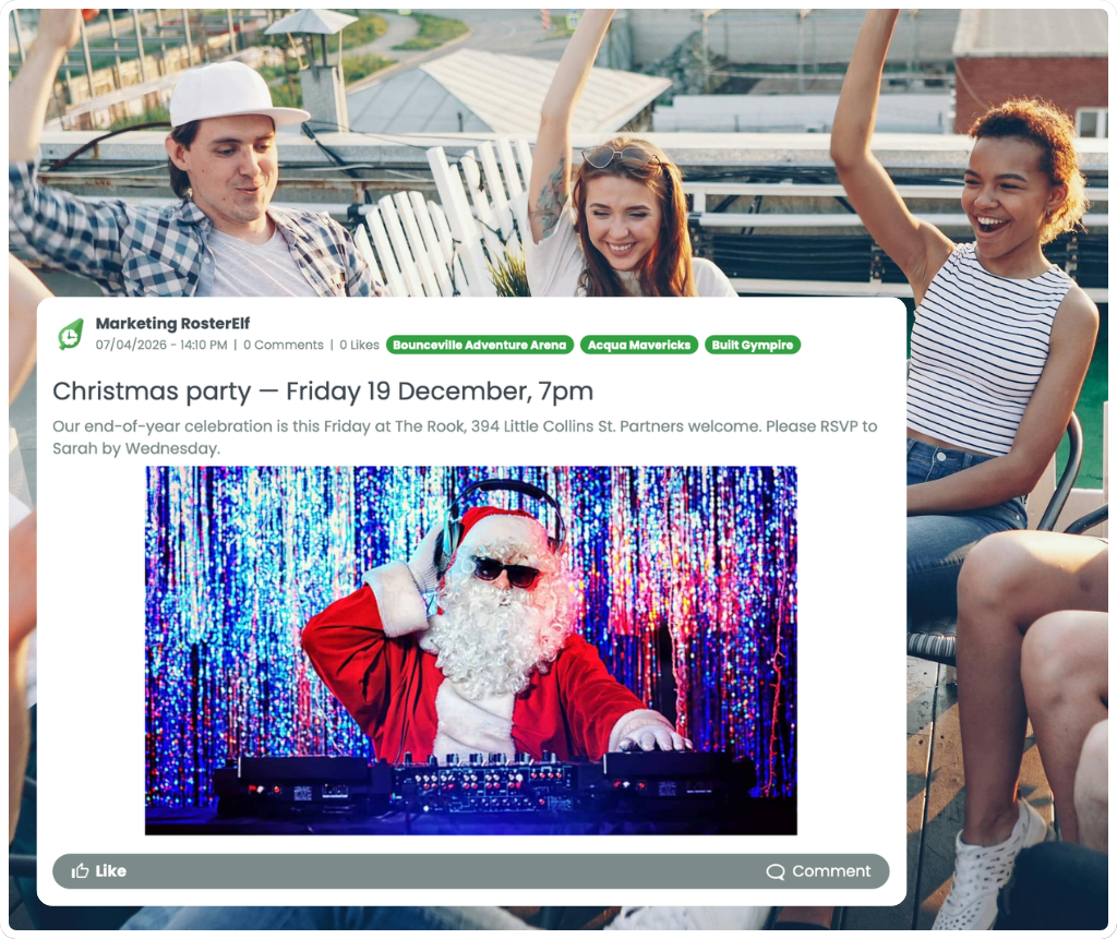 RosterElf employee newsfeed showing a company Christmas party announcement broadcast to the entire team
