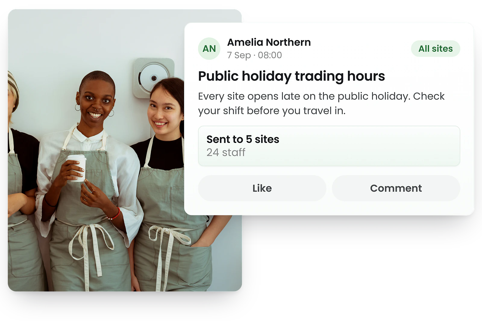 RosterElf employee newsfeed showing a company-wide announcement broadcast to all staff