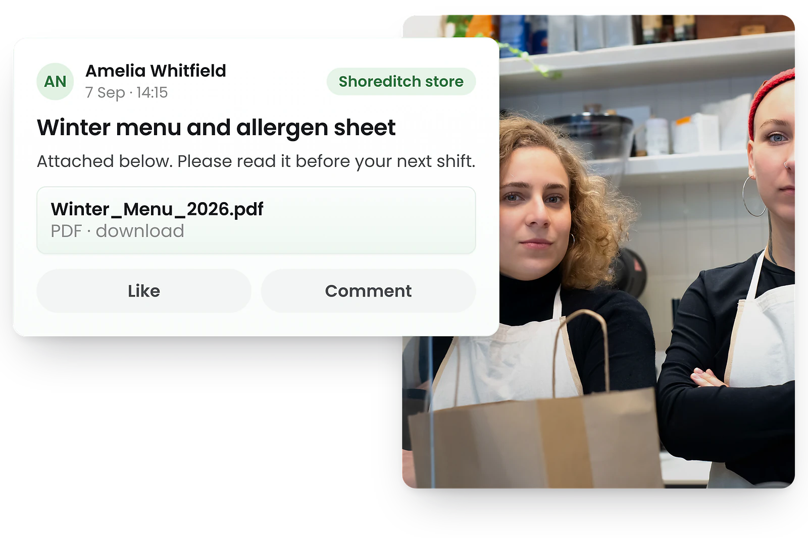 RosterElf newsfeed post with a PDF menu attachment shared with UK kitchen staff