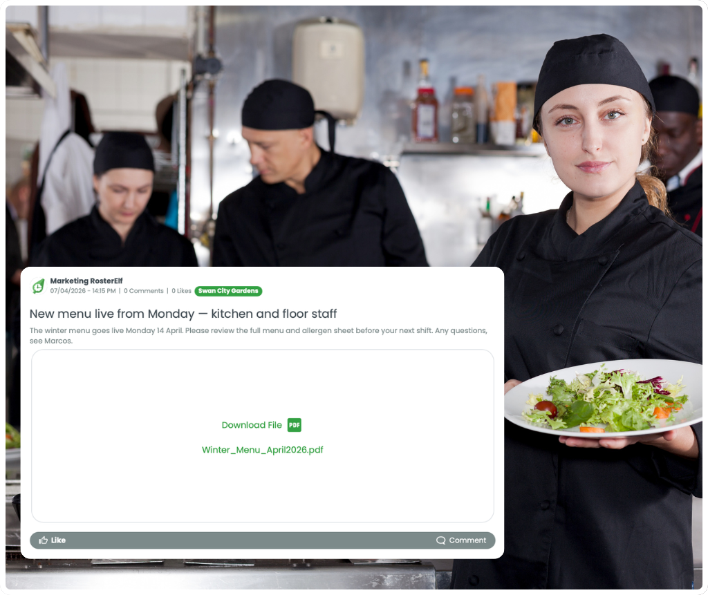 RosterElf newsfeed post with a PDF menu attachment shared with kitchen staff