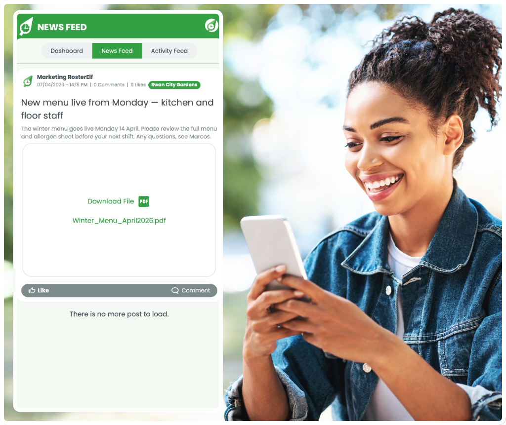 RosterElf employee newsfeed app showing a list of company announcements on a smartphone