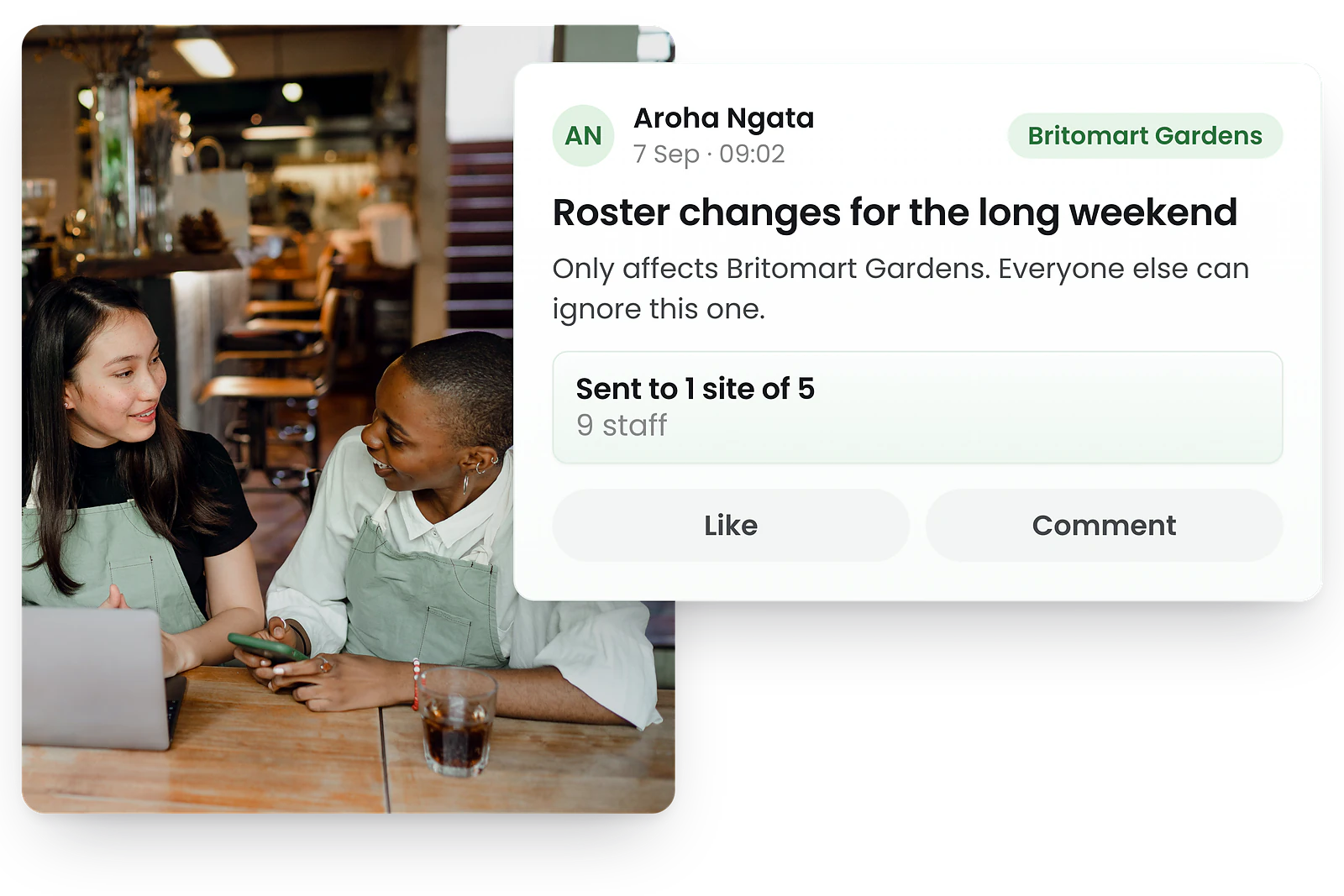 RosterElf newsfeed site targeting dropdown showing multiple business locations to send announcements to