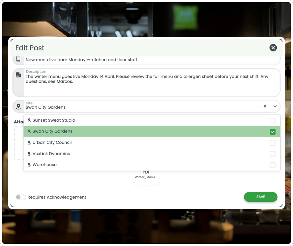RosterElf newsfeed site targeting dropdown showing multiple business locations to send announcements to