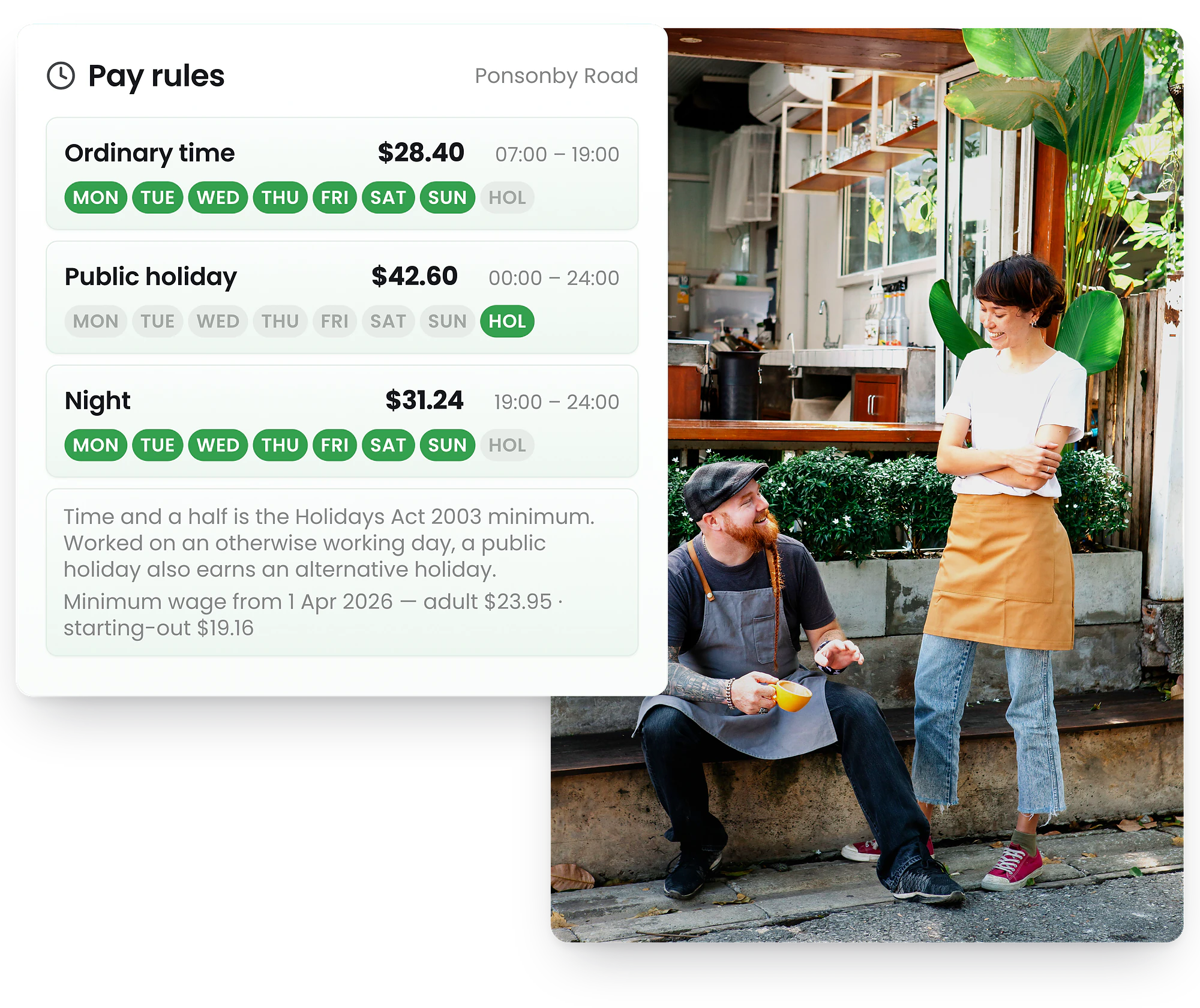 RosterElf pay rule settings showing overtime rates with Xero integration