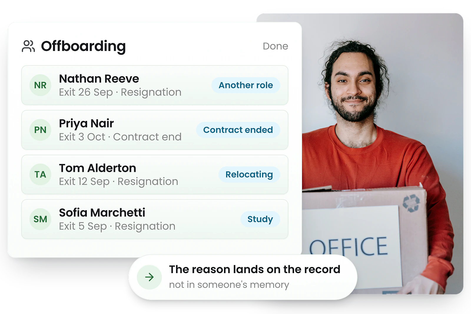 RosterElf offboarding list showing employee, status, exit date, exit type and reason given
