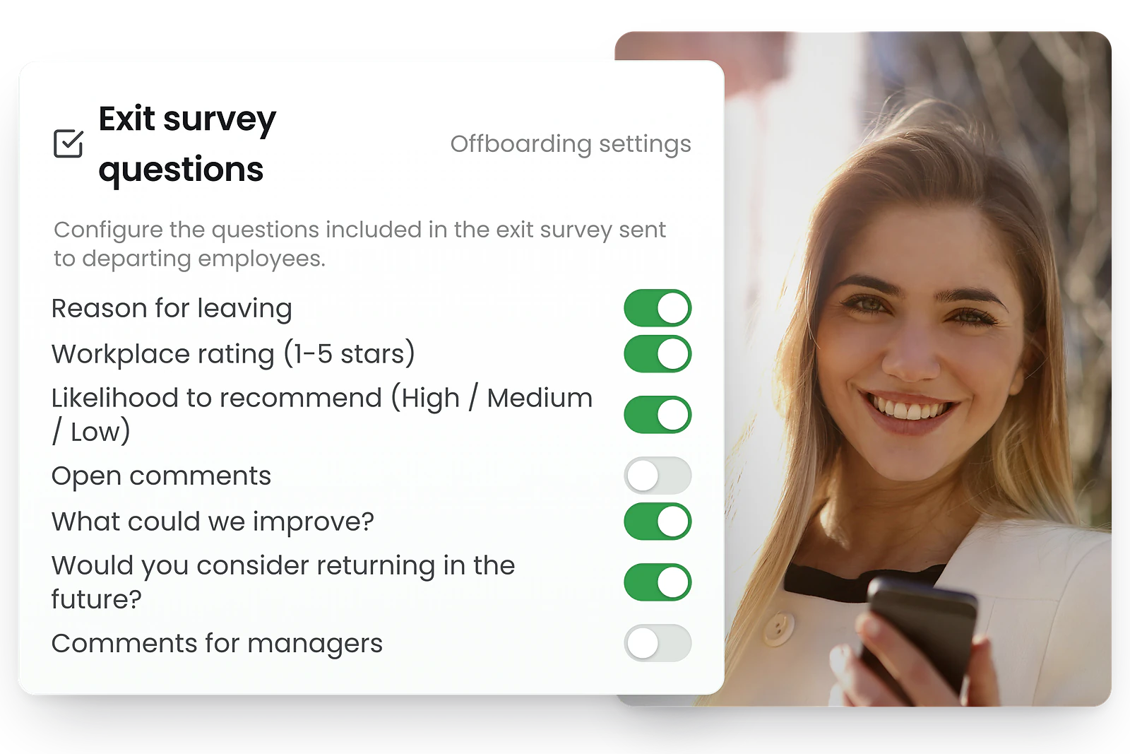 The RosterElf exit survey questions, with toggles for which ones to ask