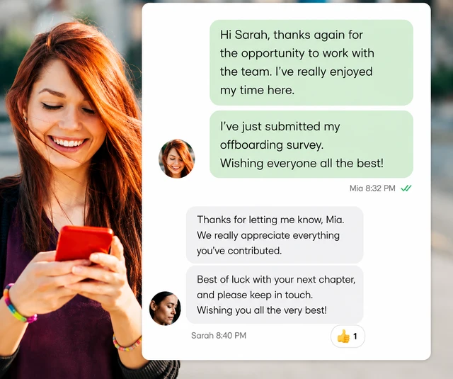 Departing employee confirming she has submitted her offboarding survey via message