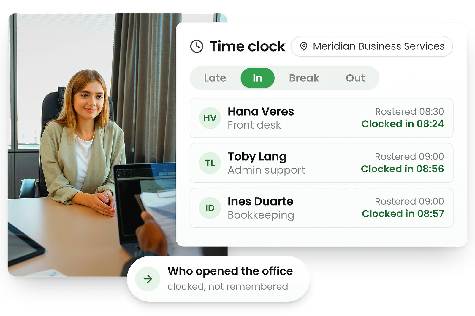 Office staff clocking in on a mobile device