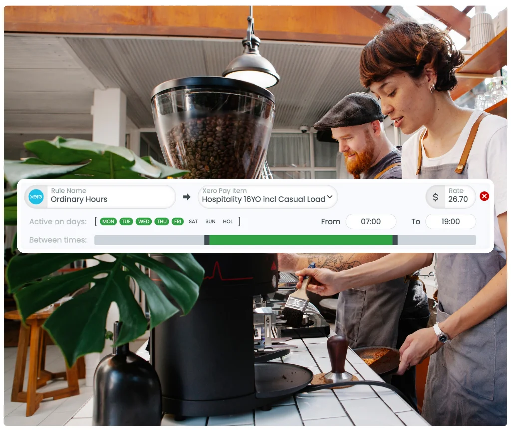 RosterElf pay rate builder showing hospitality ordinary hours configuration with Xero integration