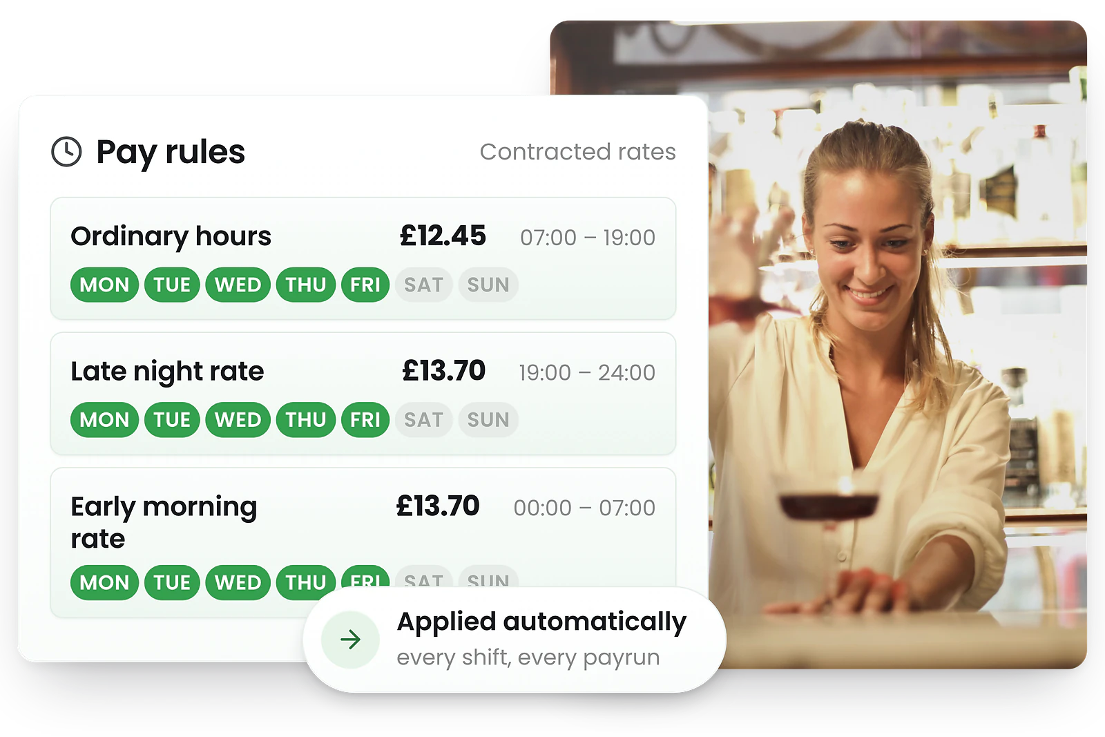 RosterElf UK pay rate configuration showing NMW tiers and overtime rules