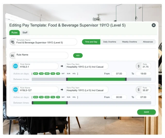 RosterElf pay rate builder showing award configuration