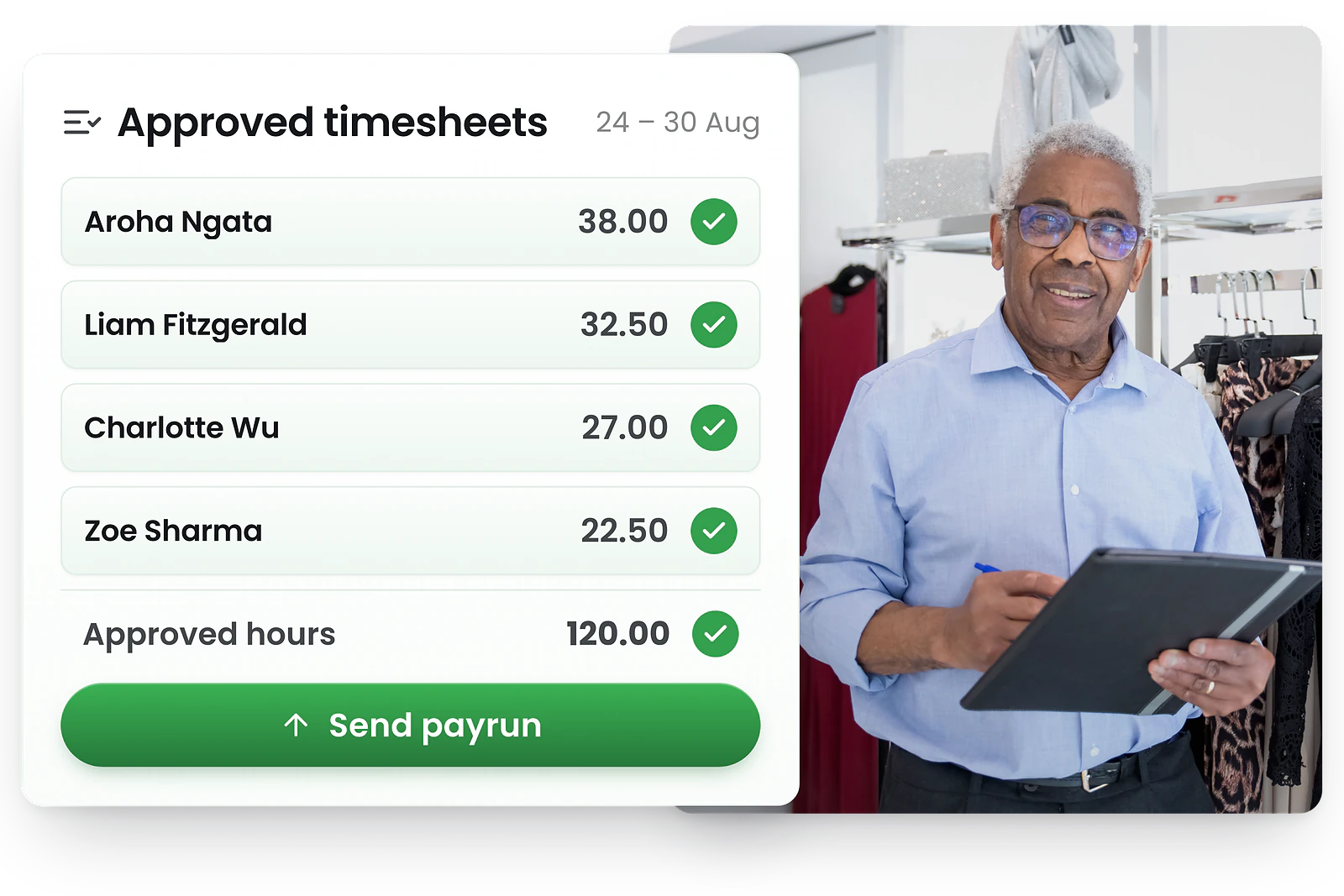 Approved RosterElf timesheets ready to send as a payrun