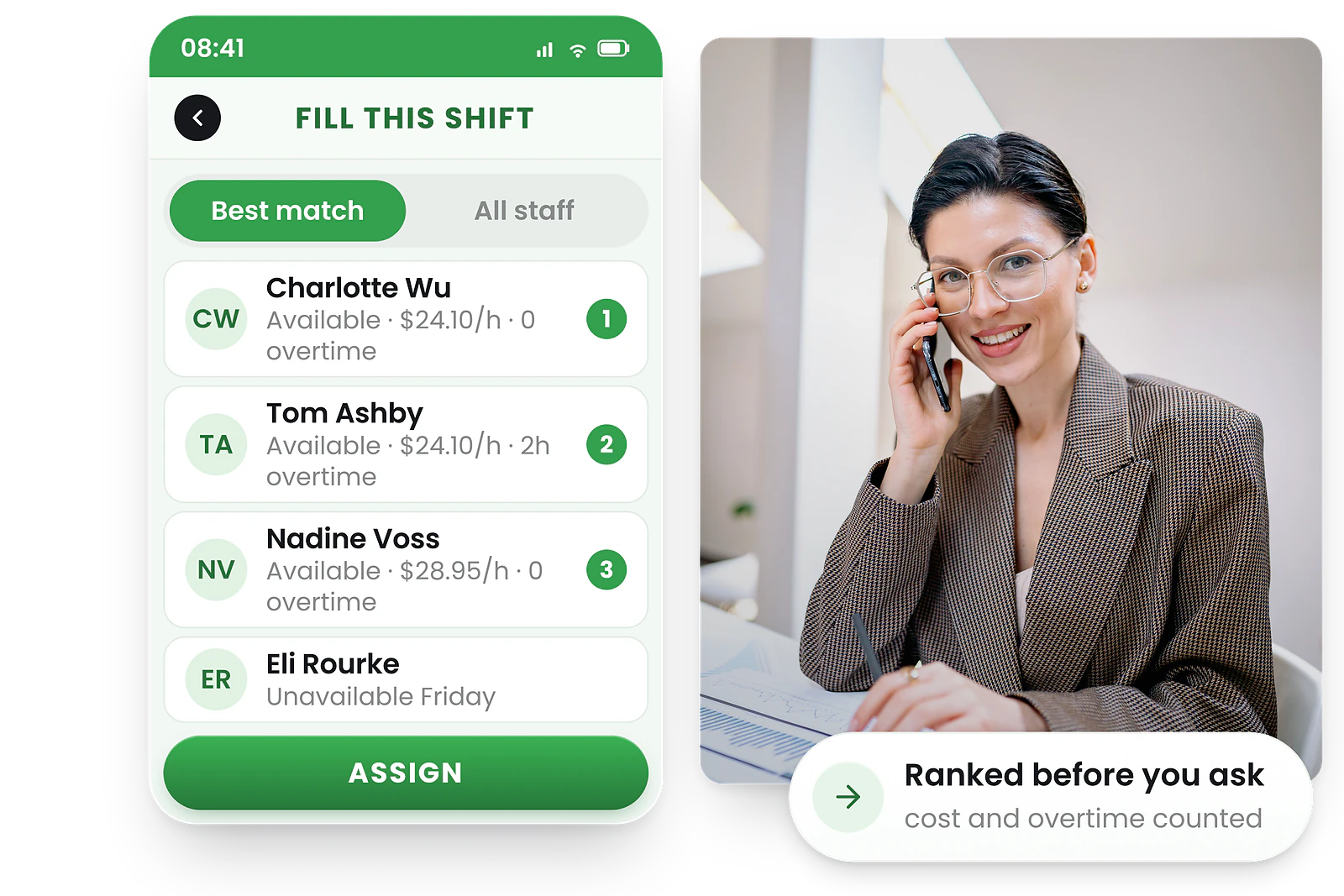 RosterElf Fill this shift screen on a phone, ranking available staff by hourly rate and overtime with an Assign button
