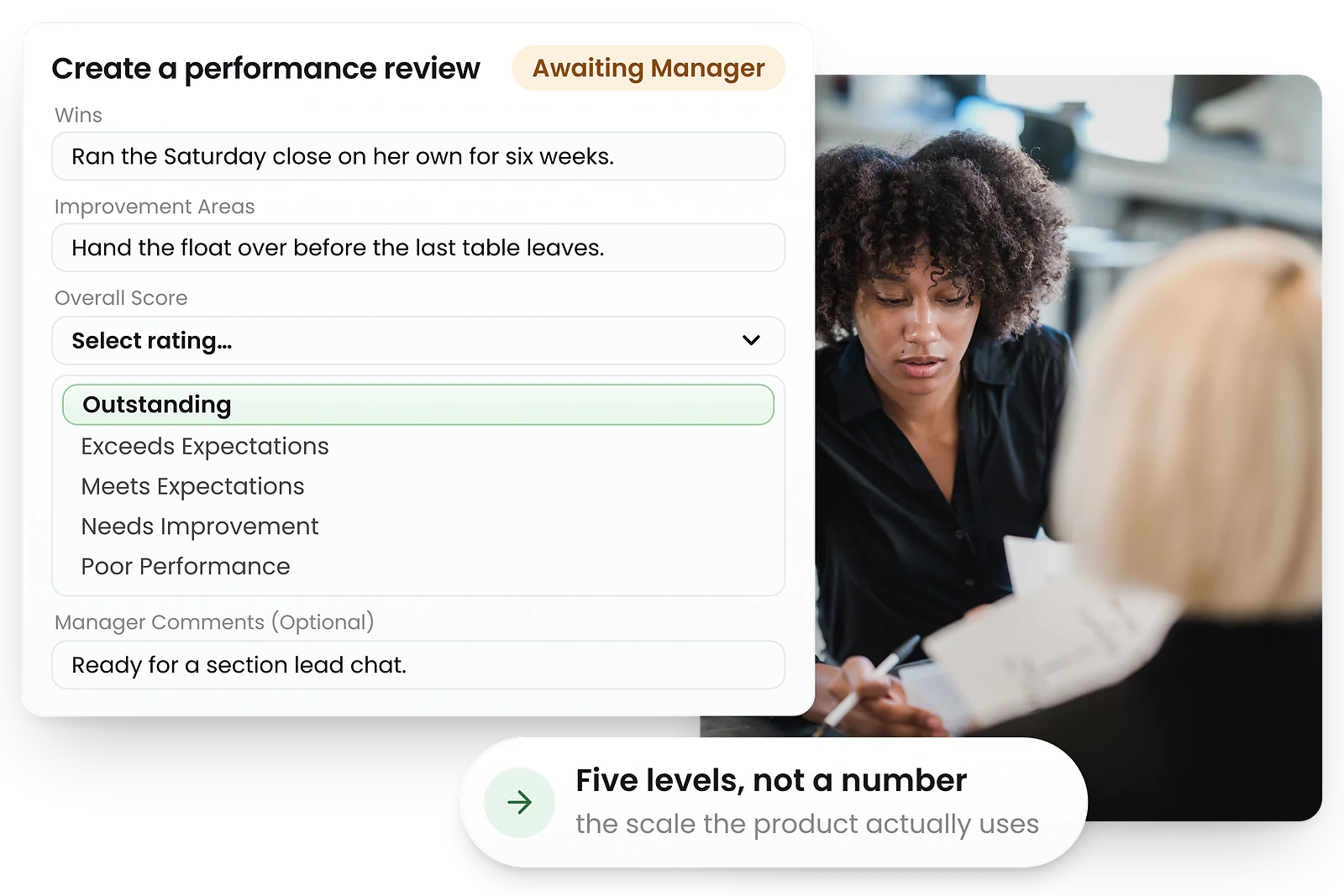 RosterElf create-a-review screen with the manager’s wins and improvement areas filled in and the overall score list open