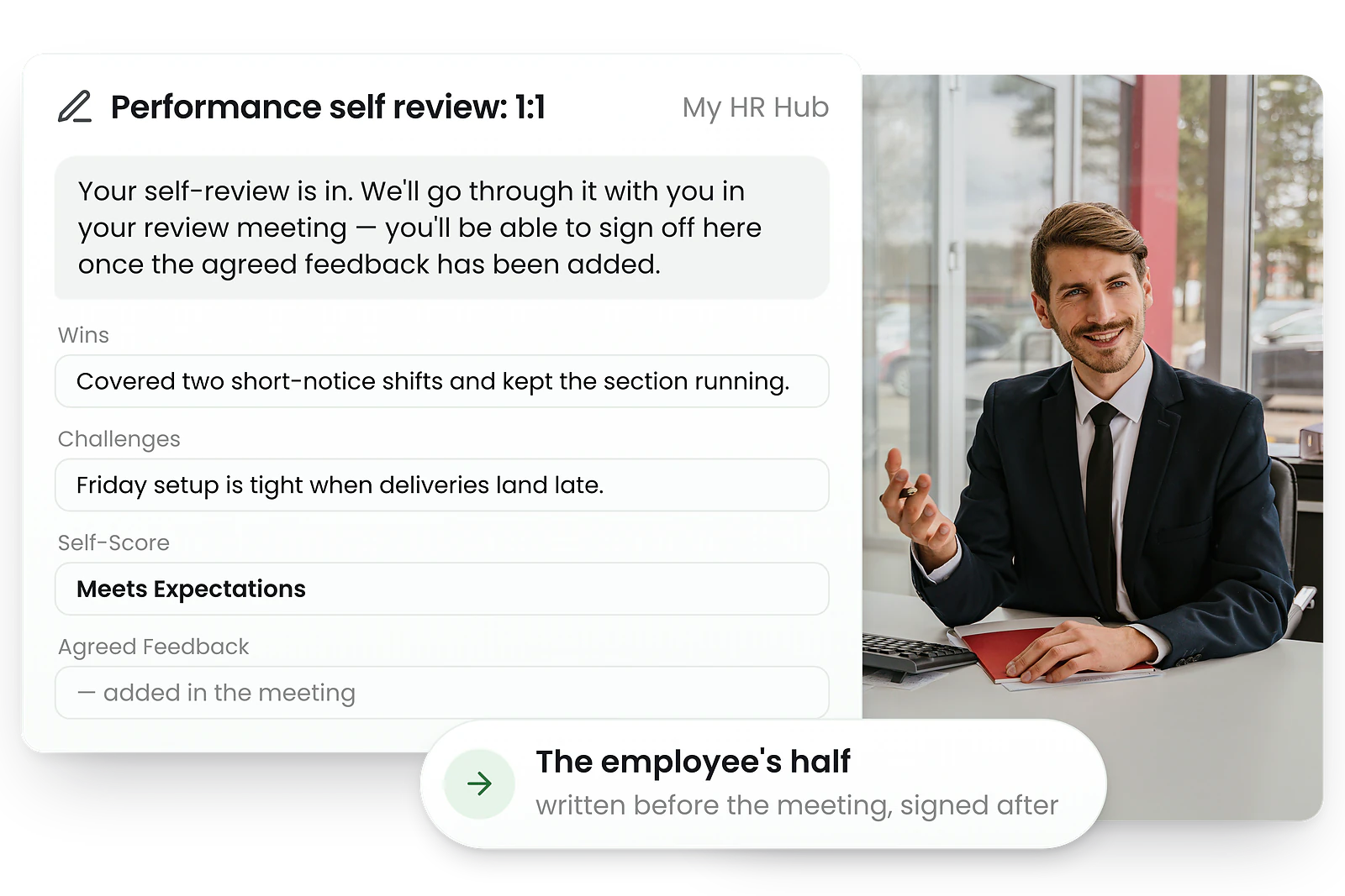 An employee’s performance self review in My HR Hub, with wins, challenges, self-score and the agreed feedback field