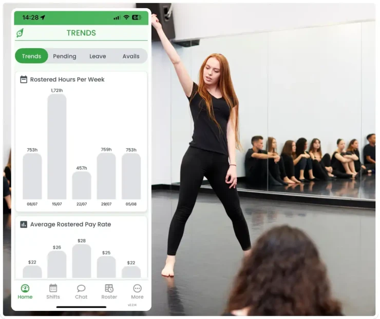 Performing arts workforce management software showing rostering interface