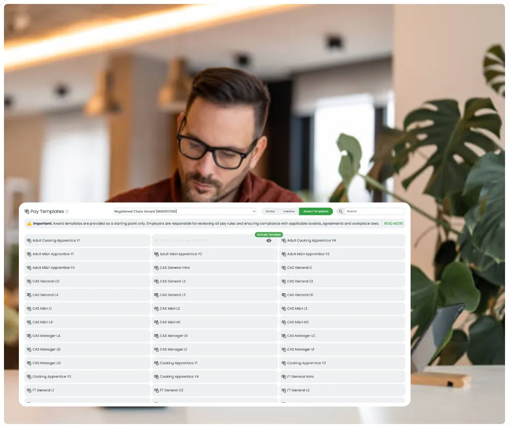 RosterElf pre-built award templates — activating a Registered Clubs Award (MA000058) pay template