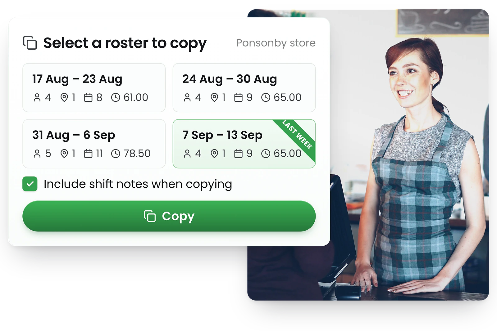 Roster template software showing saved schedule templates