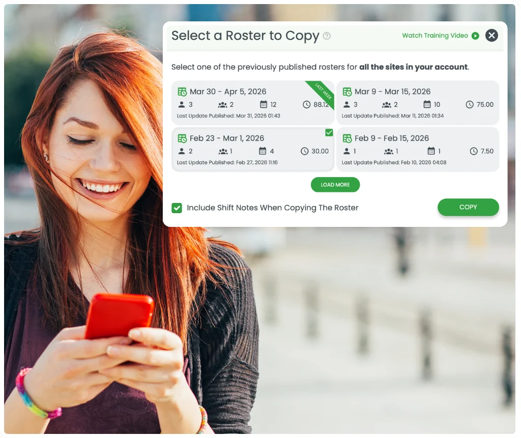 RosterElf copy last week — select a previous roster to duplicate and apply recurring shift patterns to any new week