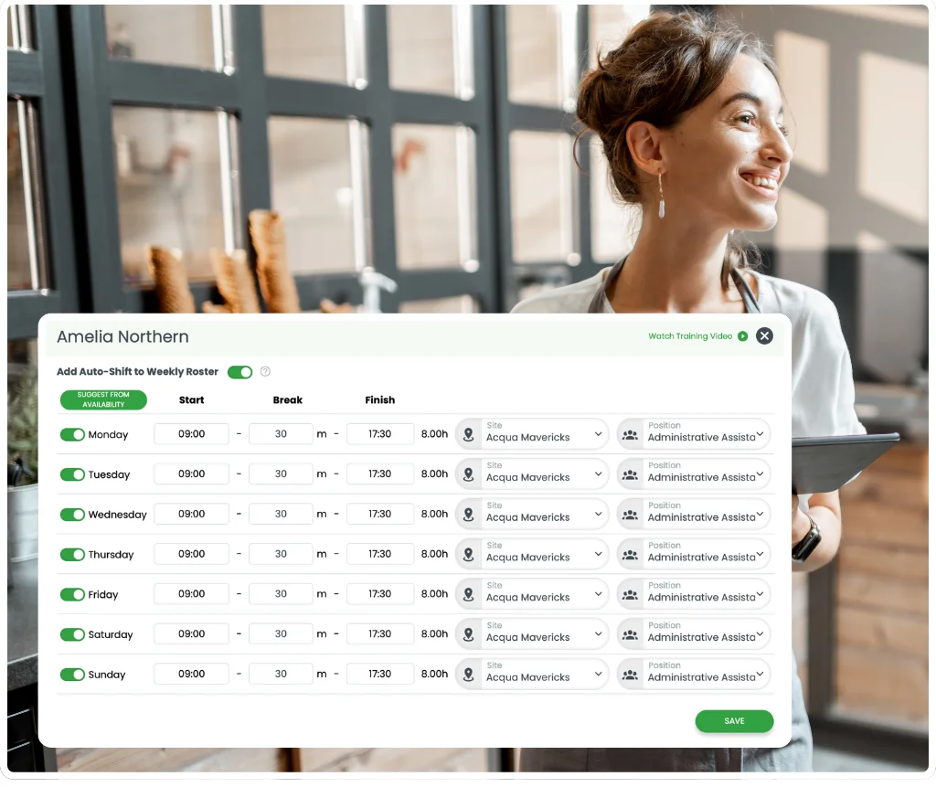 RosterElf recurring staff hours — per-employee weekly schedule setup showing standard hours Mon–Sun for rostering and payroll reference