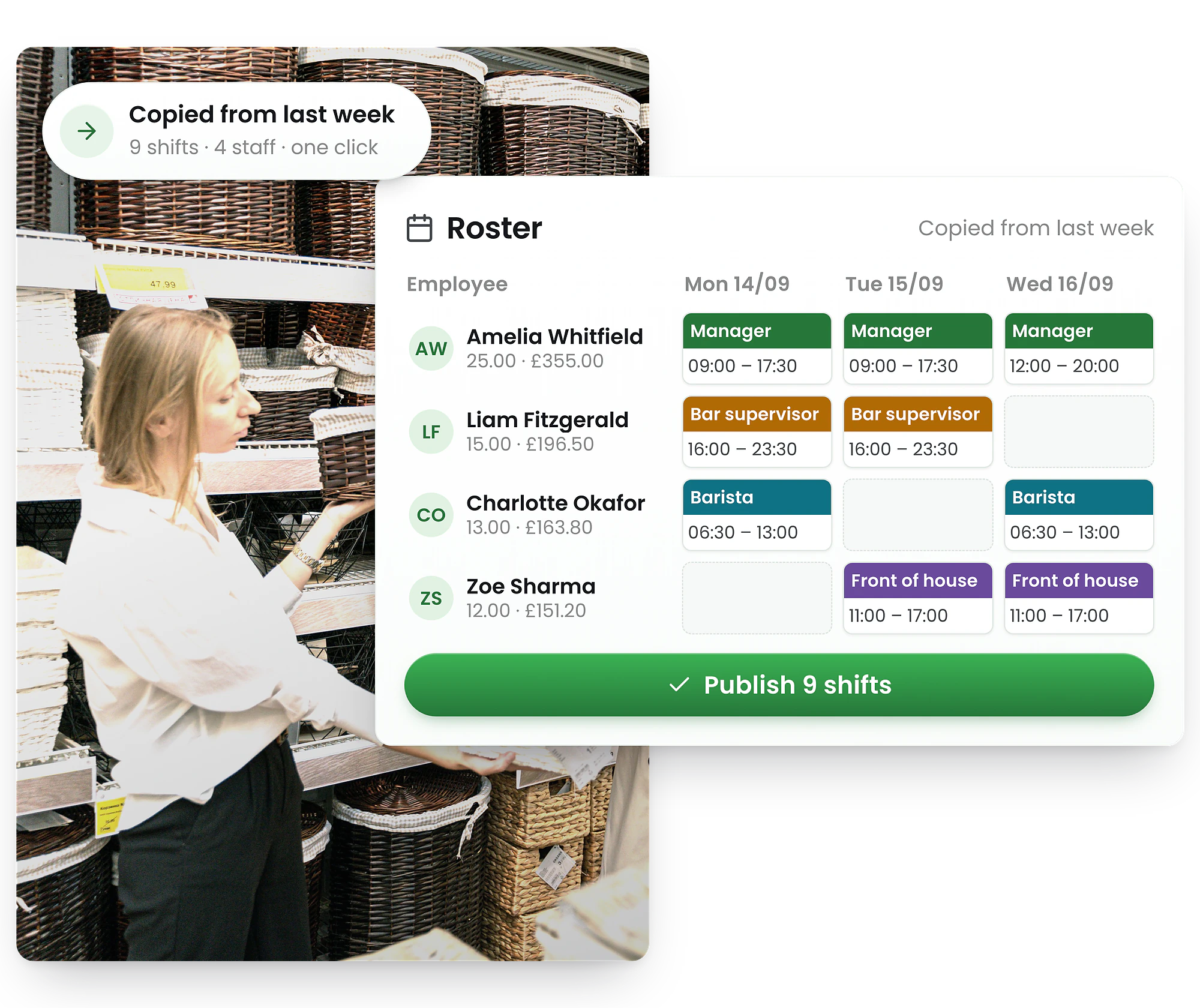 RosterElf recurring shifts — rota template picker for UK businesses, apply saved templates to any week in one click
