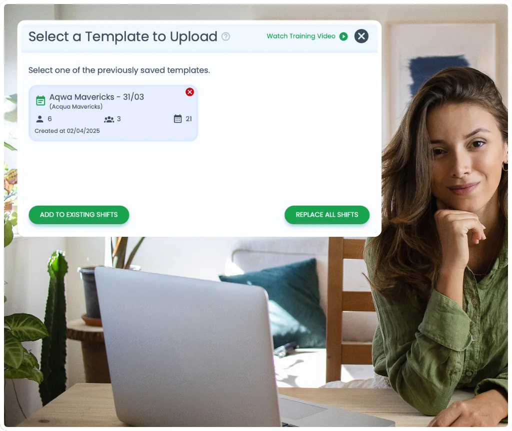 RosterElf recurring shifts — roster template picker showing saved templates applied to any week in one click