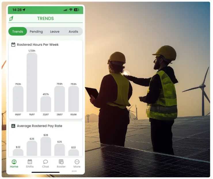 Renewable energy workforce management software showing rostering interface