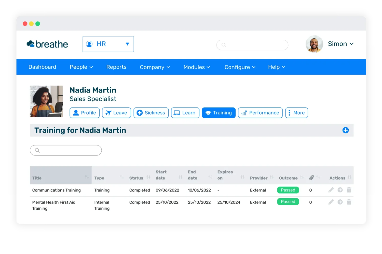 BrightHR employee training and certification tracking interface