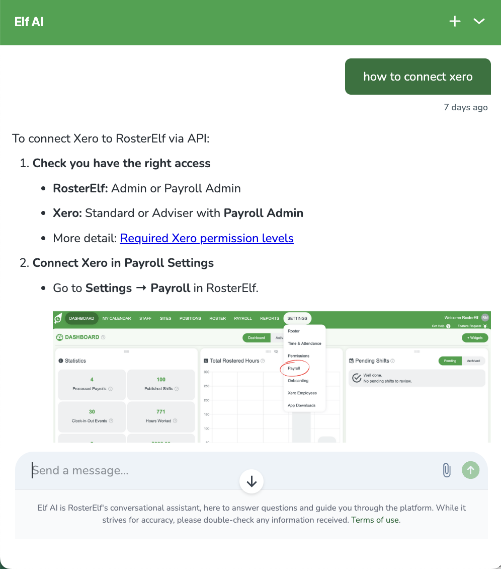 Elf AI support assistant showing how to connect Xero