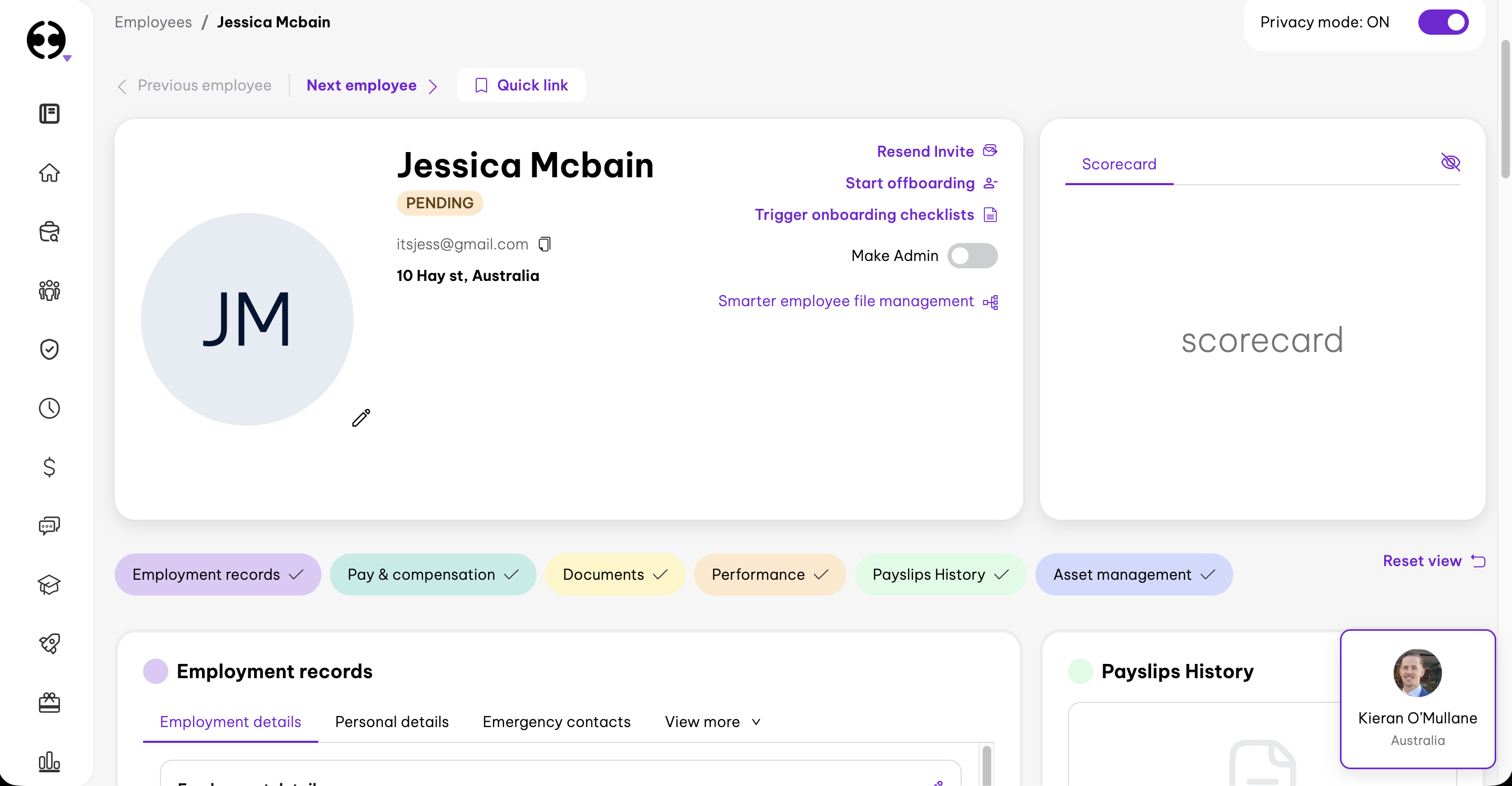 Employment Hero employee profile showing Employment records, Pay & compensation, Documents, and Performance tabs
