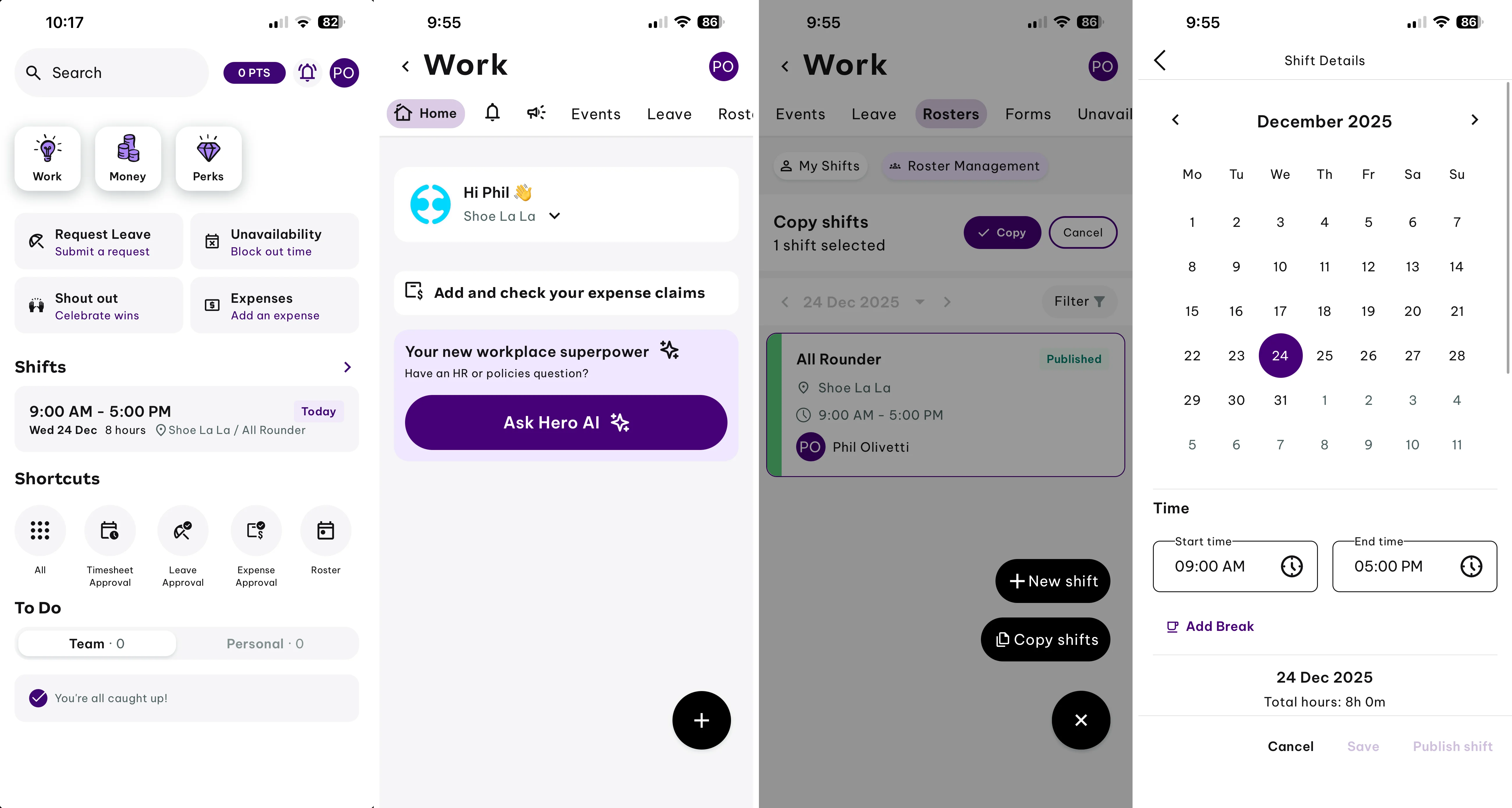 Employment Hero Work app screens: Home, Work (Hero AI), Rosters, and Shift Details views