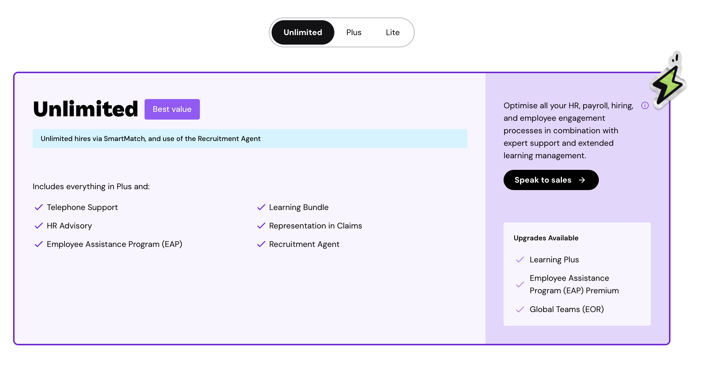 Employment Hero Unlimited pricing showing $60 per employee per month with $600 minimum