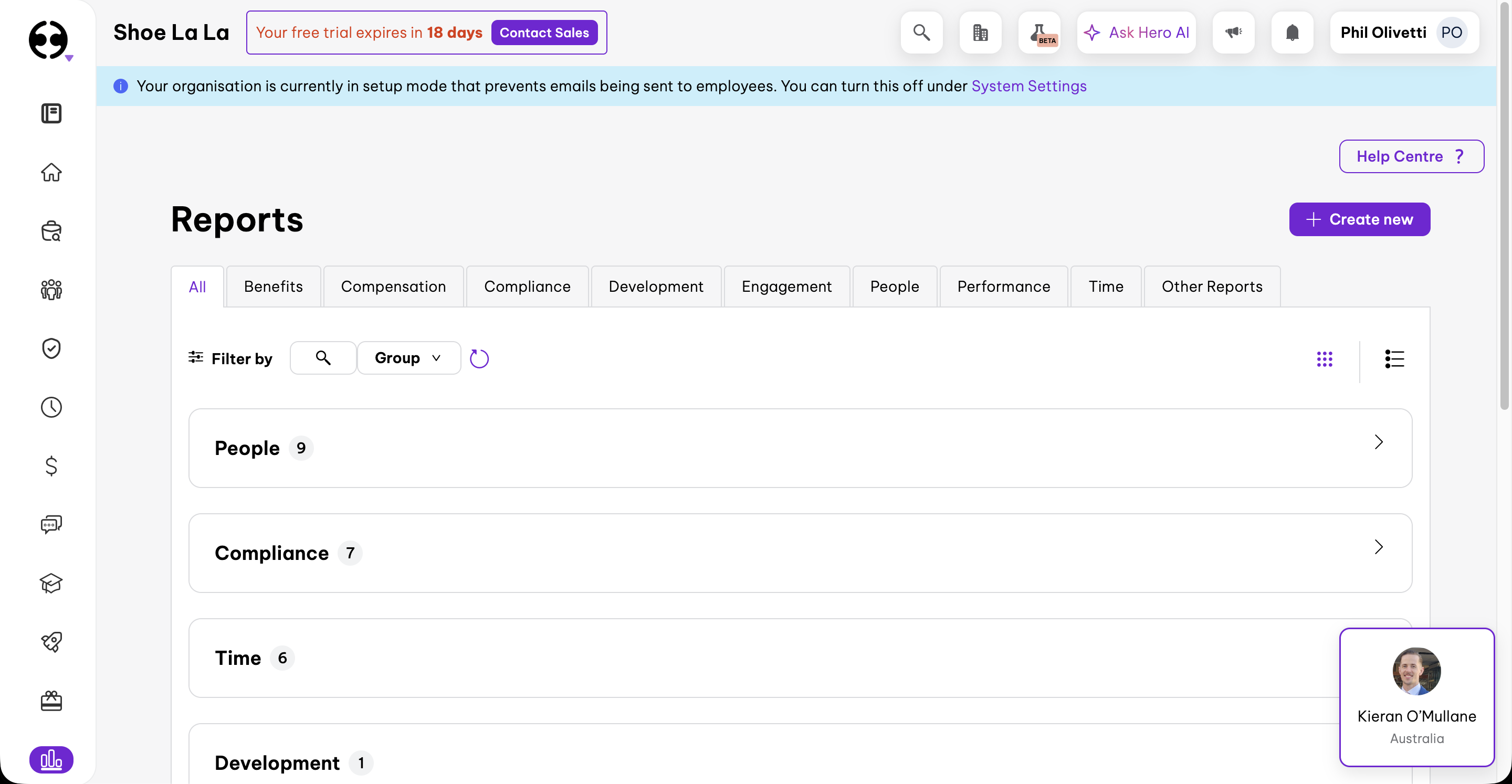 Employment Hero Reports page showing categories: People, Compliance, Time, Development