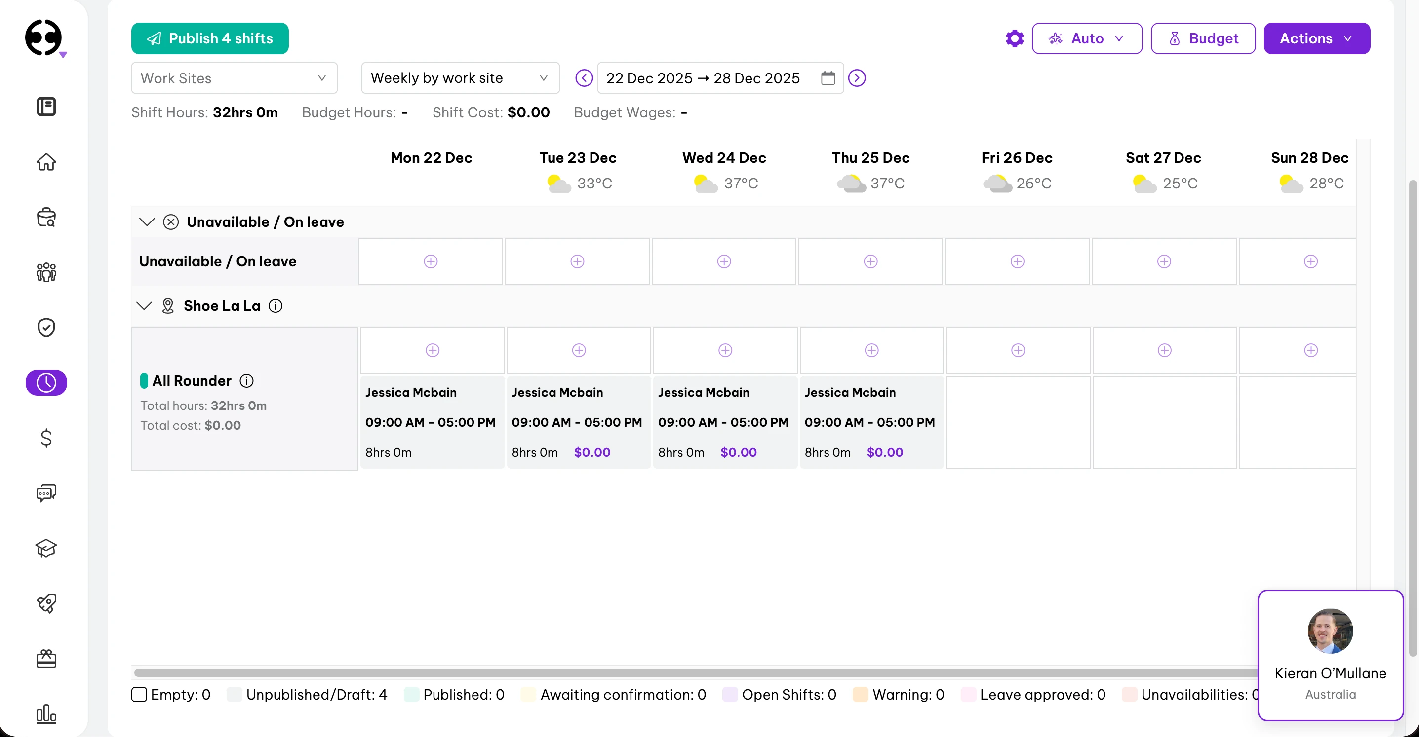 Employment Hero rostering interface showing calendar view