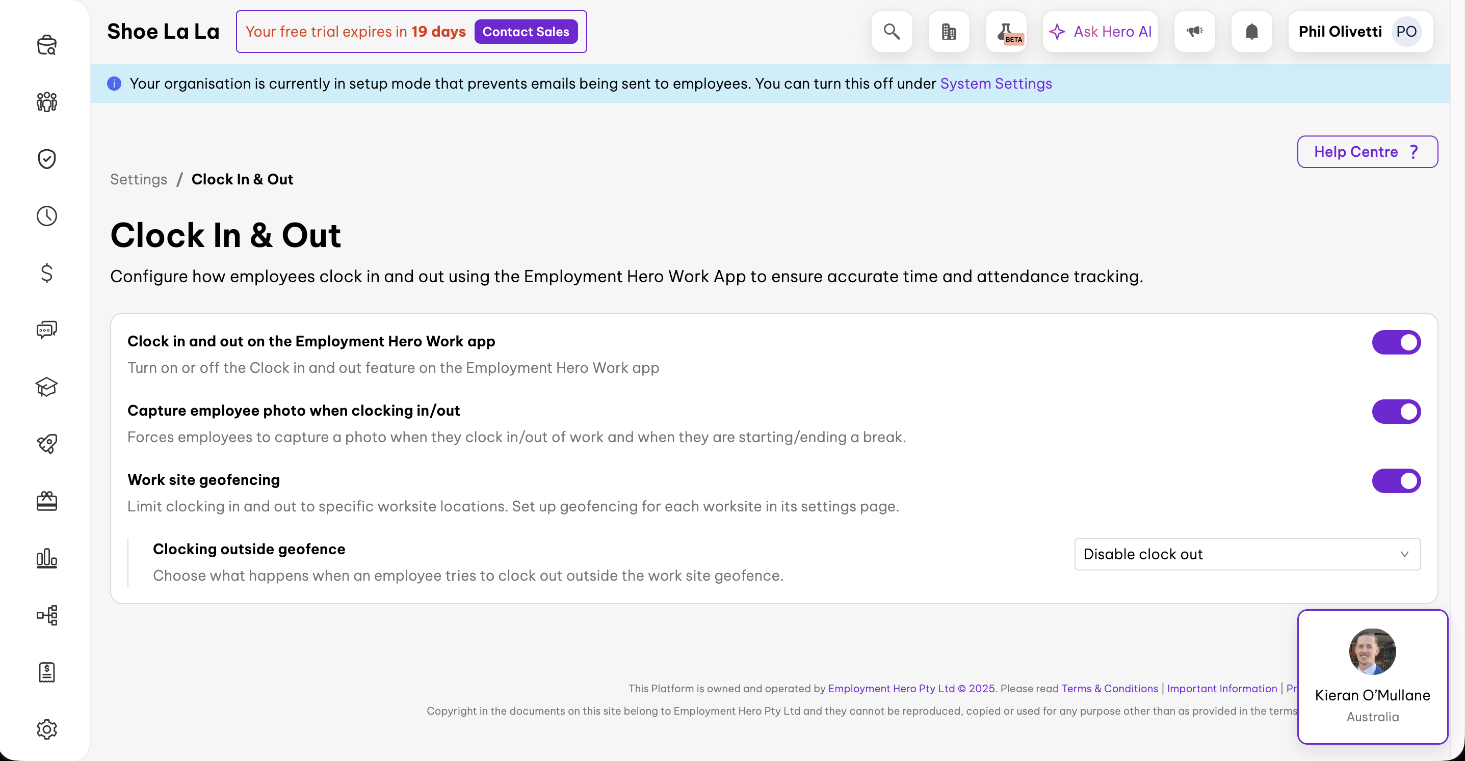 Employment Hero Clock In & Out settings with geofencing and photo capture options