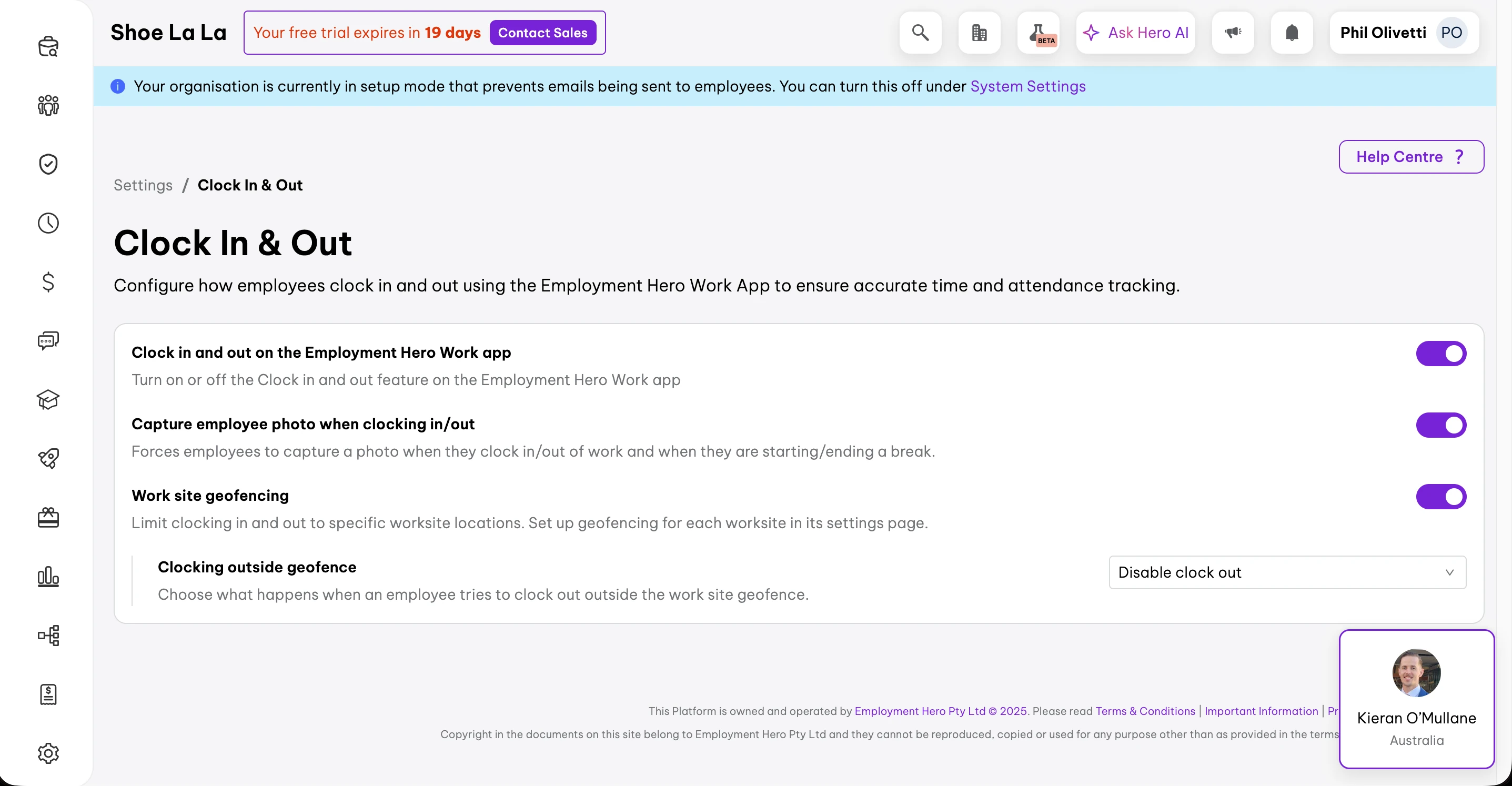 Employment Hero time and attendance interface