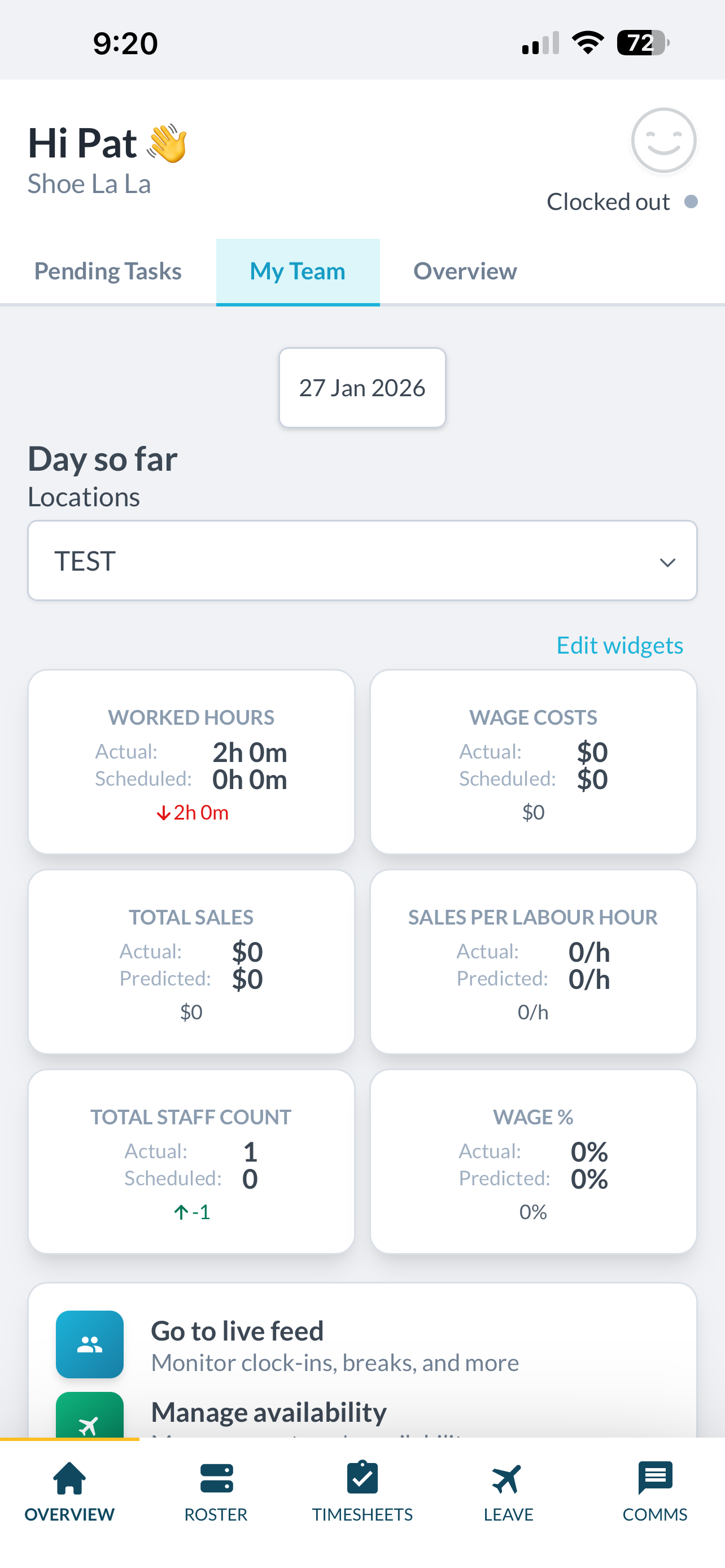 Tanda app My Team dashboard with metrics